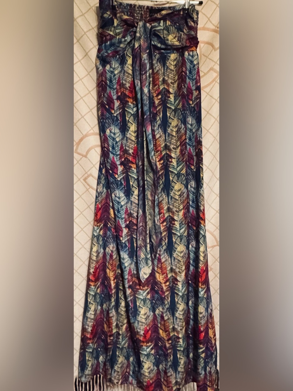 Boho Multicolor Leaf Print Maxi Skirt with Waist Tie